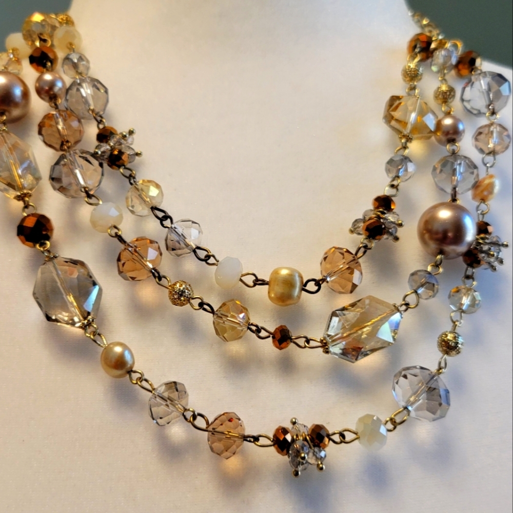 Three Layer Necklace Goldtone Chain Faceted Clear Tan Beads Faux Pearl